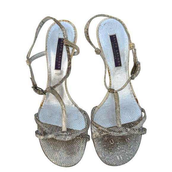 Ralph Lauren Purple Label Metallic Leather T Strap Stiletto Heel Italian Sandals - Picture 13 of 17